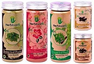 HerbtoniQ Organic Natural Brahmi Leaf Powder 150g, Hibiscus Flowder Powder 150g, Bhringraj Leaf Powder 150g, Shikakai Fruit Powder 125g, Dry Amla Powder 125g For Hair Pack (Pack Of 5, 700 Gram)