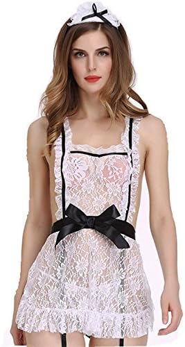 Chiguo Women's Sexy Mesh Dress Seamless Chemise Lingerie Underwear Suit Red Temptation Nightwear Valentine Maid Uniform 3Pcs (L)