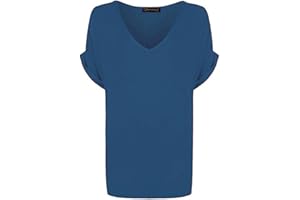 WearAll Women's New Plus Size Womens Short Turn Up Sleeve Baggy Plain Top Ladies V-Neck T-Shirt 8-22