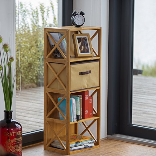 Relaxdays Bamboo Shelf with Basket, 4 Tiers, Wooden Freestanding Bathroom Rack, Folding Drawer Box, HxWxD: 105 x 42 x 29 cm, Natural Brown