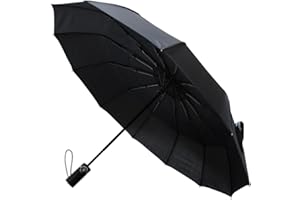 COLLAR AND CUFFS LONDON - Rare 12 Rib Compact Umbrella, 4 Extra For Strength - 80kph Strong Reinforced Windproof Frame with Fiberglass - Vented Canopy - Small Auto Open and Close - Black - Men Women