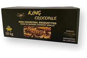 King Crocodile Kokosnuss Kohle mit Langer Brenndauer I Grillkohle Hexagonal I wenig Asche I geringe Rauchentwicklung I Nachhaltige Naturkohle I Kohle Stangen in Profi Qualität I 10 kg