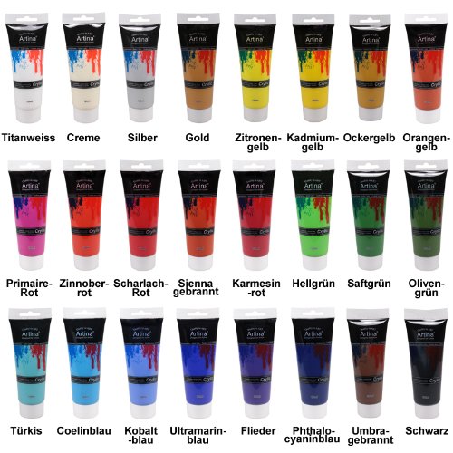 Artina® Crylic Acrylfarben Set 24x120ml Tuben (2880ml) Künstlerfarben, hochwertiges Farbset für Hobby-Künstler & Profis