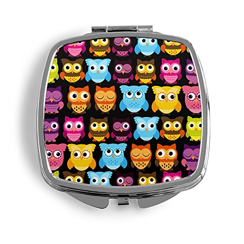 Bunte Eulen Schwarz Vintage Metall Taschenspiegel Kosmetik Beauty Spiegel Klappbar Bedruckt Design Muster Eule Owl