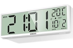 XREXS Orologio Digitale da Parete da 14,5 pollici, Calendario, Temperatura, Funzione DST, Funzionamento a Batteria, per Camera da Letto, Soggiorno, Aula, Ufficio (Bianco)