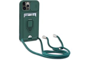 Dllatui Handyhülle Kompatibel mit iPhone 12/12 Pro Halsband Lanyard Silikonhülle,mit Kamera Schutz Schieber,Drehbarer Ständer mit Kartenfach Necklace Hülle (Grün)