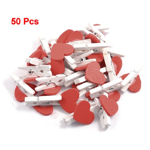 TOOGOO(R) 50Pcs roten Herzen Akzent Weiss Holzwaescheklammern Fruehling Memo Clips