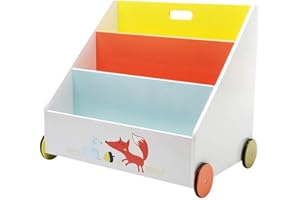 labebe 2-in1 Well Bookcase on wheels for toddler Toy Storage unit Wooden toy box Creative Bookcase with Cute Animal Patterns Orange Fox’