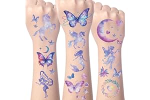 ZYCBERNOI Glitter Temporary Tattoos for Girls, 12 Sheets of Mixed Butterfly, Fairy, Moon, Mermaid Tattoo Stickers for Kids, Waterproof Fake Tattoos for Birthday Party Favors and Supplies