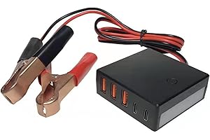 YUNKOZAND Convertidor CC con clip de batería, 12 V 24 V a 5 V 12 A, convertidor USB Buck Regulador, salida total 60 W, con luz de emergencia LED, 3 puertos USB+2 tipo C identifican automáticamente la carga de
