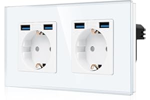 CNBINGO Podwójne gniazdko z 4 portami USB (2 typ-A łącznie maks. 2,1 A) – podwójne szklane gniazdko Schuko podtynkowe – białe gniazdko ścienne z zabezpieczeniem przed dziećmi