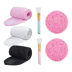 3 Pack Spa Facial Headband,YuCool Wrap Sweat Makeup Hair Towel Non-slip Stretchable Adjustable Headband with Magic Tape with 2 Pcs Silicone Brushes and 2 Pcs Sponges for Face Wash Facial Treatment