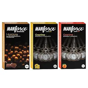 Manforce Premium Hotdots Belgian Chocolate with Bigger Dots and Overtime Range (Orange & Pineapple) 3in1 (Ribbed, Contour, Dotted) Condoms, Combo Pack - 10s (Pack of 3)