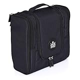 Große Reise-Kulturtasche in schwarz aus hochwertigen, wasserabweisenden Materialien mit 360° Metallhaken zum Aufhängen, elastischen Netzen, gepolstertem Griff. Maße: 25 x 12 x 28 cm (H x B x L)