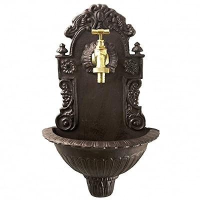 L'Héritier Du Temps Fontaine de Charme Murale Source Fonte Patinée Marron avec Robinet Fonctionnel en Laiton 14x25x40cm