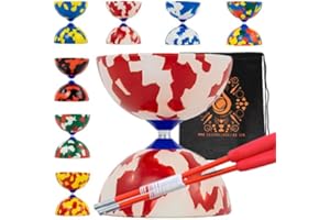 JUGGLE DREAM Jester Diabolo Set with Fibre Sticks, Diabolo String - Pro Medium Rubber Diablo Set With Cascade Carry Bag (Red and White)
