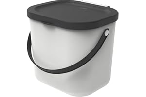 Rotho Albula Poubelle bio 6l avec couvercle et poignée pour la cuisine, Plastique (PP) sans BPA, blanc/anthracite, 6l (23.5 x 20.0 x 20.8 cm)