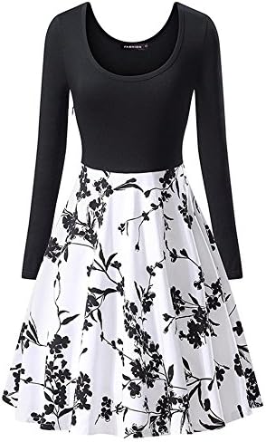 LA LA DRESS Long Sleeve Print Retro Dress Dresses, B, XL