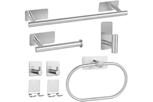 Linyoish 8 Pezzi Senza Foratura Set di Accessori da Bagno Porta Asciugamani Acciaio Inossidabile,Gancio per Accappatoio,Anello Asciugamano,Porta Carta Velina,Piccolo gancio,Rasoio titolare (Argento)