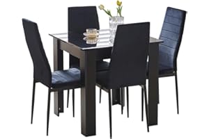 Rainbow Tree Modern 5 Piece Dining Room Table and Chairs Set, Wooden Square Table with 4 Chairs for Small Space Apartment Space Saving (Black Table+4 Black Velvet Chair)