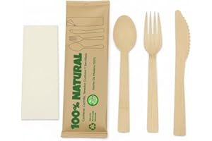 Jofisa Set de Cubiertos Desechables de Madera con Servilleta – Tenedor, Cuchillo y Cuchara Envueltos Individualmente, 100% Biodegradables, Compostables y Sin Plástico para Eventos y Catering (50u.)