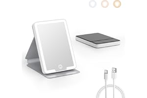 Kintion Rechargeable Compact Mirror, Portable LED Pocket Mirror, Travel Mirror with Light, 3 Color Modes Dimmable, Folding, Handheld, Purse Small Mirrors for Women Gift, Black