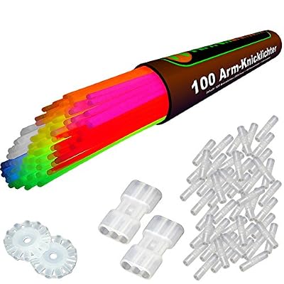 KnickLichter.com 100 bracelets lumineux fluo 7-COULEURS, note du testeur : 1,4 "TRÈS BIEN", kit complet incluant connecteurs TopFlex x 100, connecteurs triples x 2 et connecteurs circulaires x 2