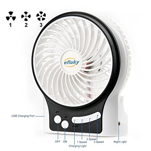efluky 4.5 Zoll Mini USB aufladbare Fan 3 Geschwindigkeiten mit LED-Licht Beweglicher Tischventilator Kühlventilator Tischventilator -Laptop-Fan für Heim und Büro, Innen- und Außenbereich (weiß) - 2