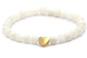 Genuine Moonstone Gemstone Bracelet with 6 mm Beads and Stainless Steel Heart - Various Lengths - Healing Stone Protective Stone Talisman Lucky Charm Gift (Moonstone, 18 cm)