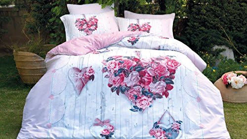 TI Home Duygu Hearts with Pink Roses Duvet Cover Set, 100% Pure Cotton Double Size, 4-Pieces Luxury Bedding Set