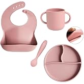 Meleni Baby 4'l&uuml; Silikon Beslenme Seti - Silikon Mama &Ouml;nl&uuml;ğ&uuml; Mama Kaşığı Kulplu Bardak Vakum Tabanlı Tabak Pembe