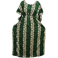 Mogul Interior Women's Maxi Kaftan Green Cotton Printed Kimono Sleeves Caftan Dress One Size