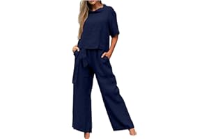 HAOLEI Set Lino Estivo Tuta Donna di Grandi Dimensioni Estate Set da 2 Pezzi e Pantaloni Lunghi con Coulisse Set di Due Pezzi di Lino e Cotone Leggero Confortevole da Casa Manica Corta T shirt + Pantaloni