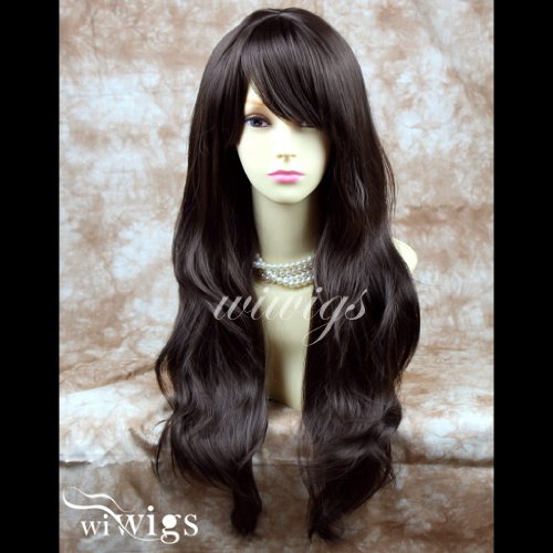 Stunning XXX Long Wavy Dark Coffee Brown Ladies Wigs Skin top BANGS Wig UK
