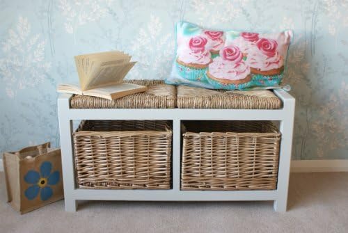 Gloucester 2 Seater Storage Bench in Light Stone finish with 2 x Wicker Rattan Basket Drawers, Cabinet Farmhouse