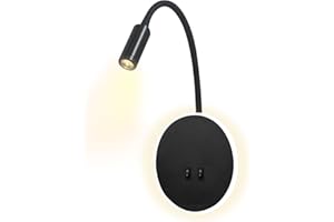 UKSUNVI LED Wall Lamp Bedside Table Reading Wall Lamp 12W LED Wall Reading Lamps Adjustable Spotlight 3W +9W 3000K Warm Light (Black Round Shape)