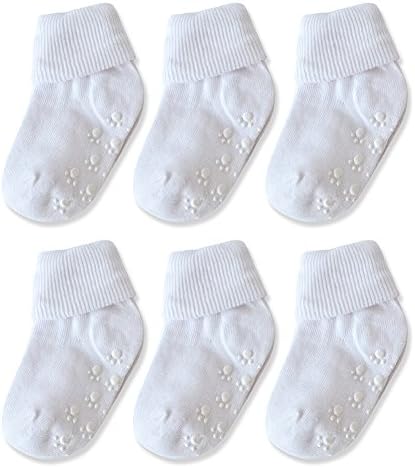 Sweet Nana Baby Non-Skid Turn Cuff Cotton Socks,Slippers Infant Toddler Walker Grip (0-12months, White6pairs)