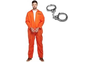 B&S TRENDZ Prisoner Costume Men With Handcuffs - Orange Jumpsuit Prison Outfit Convict Costume For Halloween Costumes Men Adult, Fancy Dress & Parties, Robber, Prison, Jail, Boiler Suit Dress Up, One Size