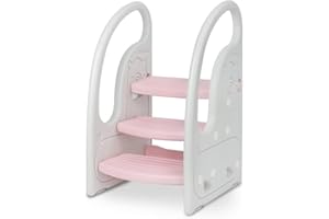 Onasti Step Stool for Kids, 3-Step Height Adjustable Toddler Step Stool, Plastic Learning Tower, Kitchen Helper, Toilet Steps with Handles and Non-Slip Pads, for Counter, Bathroom & Sink (Pink)