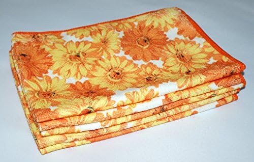 AeMBe - 5 Pieces - Microfibre Shining Cloths - Terry Tea Towels 40 cm x 60 cm - Checked Pattern - Orange Flowers