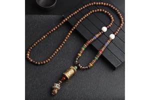 HXSCOO Collana Vintage Fatta a Mano in Nepal, Buddista Mala, Perline di Legno, Ciondolo e Collana Etnica con Corno e Pesce, Gioielli Lunghi da Donna e Uomo (Color : Style6)