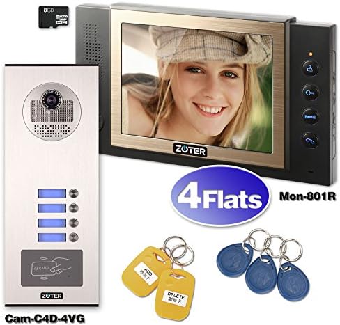 SOTER SECURITY® Wired 8" Inch LCD Color Screen Monitor HD Camera Recording Video Door Bell Phone Intercom RFID Card Access Control Home Gate Entry Security Kit for 4 Families Apartment