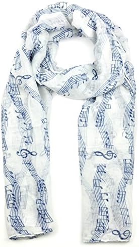 Ladies Womens Colorful Long Soft and Warm Music Note Print Scarf (white-blue-music)