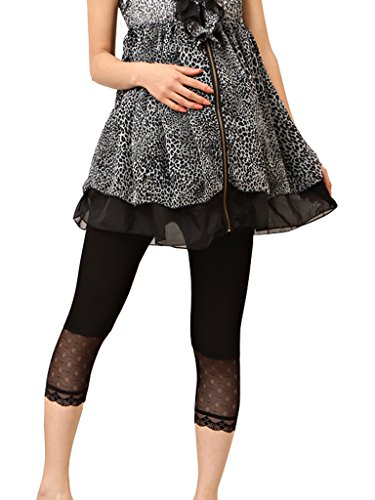 Liang Rou Maternity Elastane Adjust Waistband Cropped Leggings Lace Trim Color Black