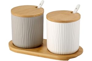 OnePine Set di 2 Zuccheriera, Zuccheriera in Ceramica Rotonda con Coperchio e Cucchiaio, Design Elegante, per Casa e Cucina