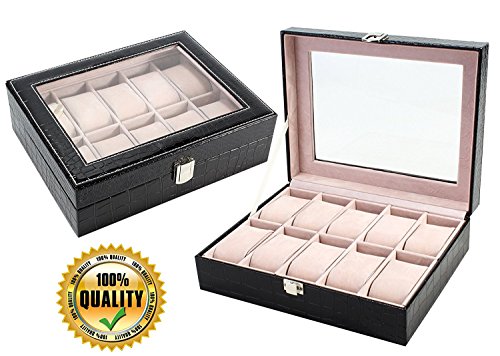 4squareDreamworld Watch Storage Box Display Case Organizer with Faux Leather Finish and Glass Window with 10 Slots 20x25x8 CM (Black)