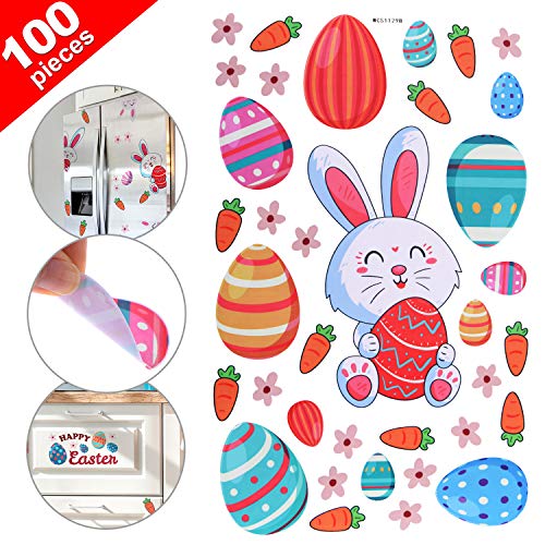 Chinco 100 Pièces Stickers Muraux Oeufs de Lapin de Pâques Autocollant de Fenêtre Autocollant Mural Décoration Murale avec Lapin Oeuf Fleur de Pâques Modèles de Carotte
