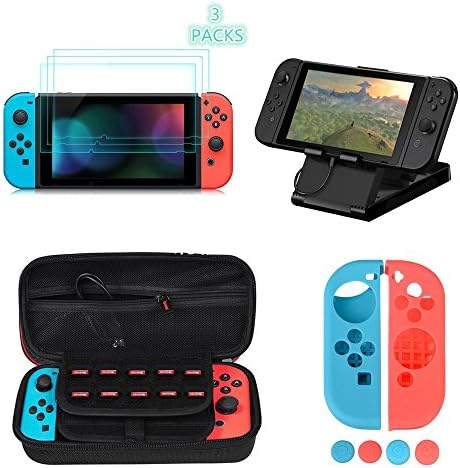 Nintendo Switch Accessories Kit, Nintendo Switch Carry Case +Switch Stand+Grips for Nintendo Switch Joy-Con+3pcs Tempered Glass Screen Protector, Accessories for Nintendo Switch
