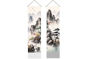 AHANDMAKER 2Pcs Asian Landscape Painting Tapestry, Oriental Ink Aesthetics Mountain Tree Japanese Artistry Tassel Tapestry Hanging for Bedroom Living Room Interior Décor(45.7x13 Inch)