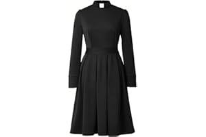 CAMDOM Church Clergy Dress for Women Minister Spring/Autumn Long Sleeve Elegant Pleated Dress with Tab Collar